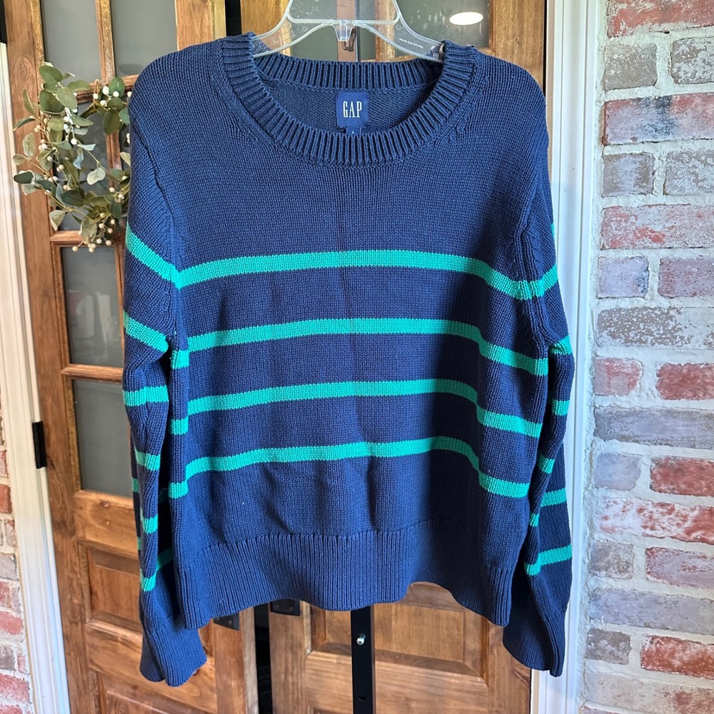 GAP Sweater Women Green Navy Striped Cotton Crew Neck Shaker Knit Academia L